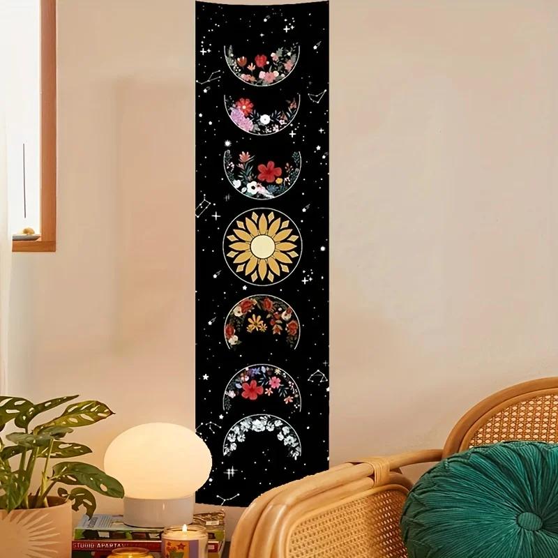 1pc Moon Phase Botanical Flower Tapestry, Black Star Psychedelic Wall Art Decoration Wall Hanging Tapestry