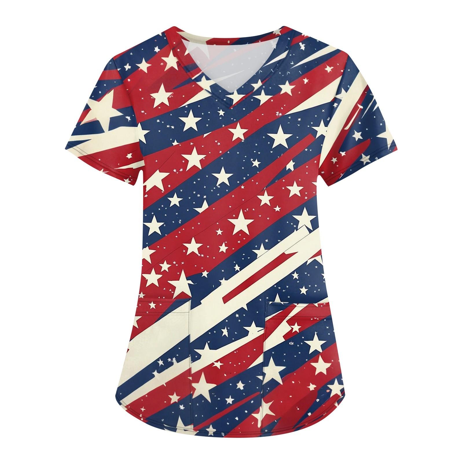 

Женская мода V-образный вырез короткий рукав рабочая одежда с карманами День независимости принтованные топы XXXXXL