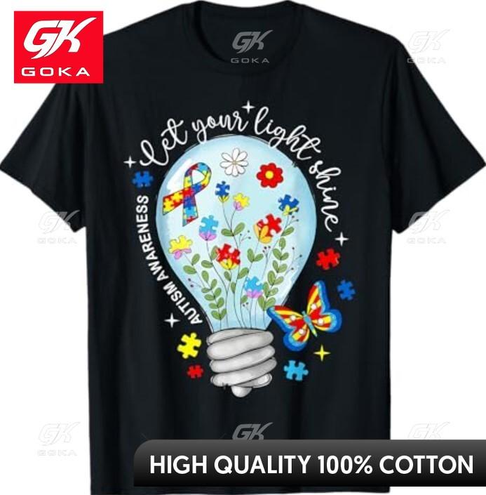 

Kids Light Up Blue Autism Awareness Ribbon Puzzle Pieces Comical Round Neck Comfortable Cotton Graphic Tee Shirt Everyday Wear S