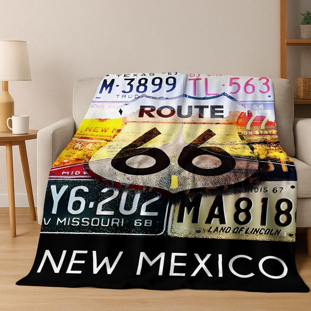 Retro Route 66 Road Trip America Historic Mother Road Art Flannel Blanket,Cozy Soft Throw Blanket for Home Bedroom Bed Sofa Gift