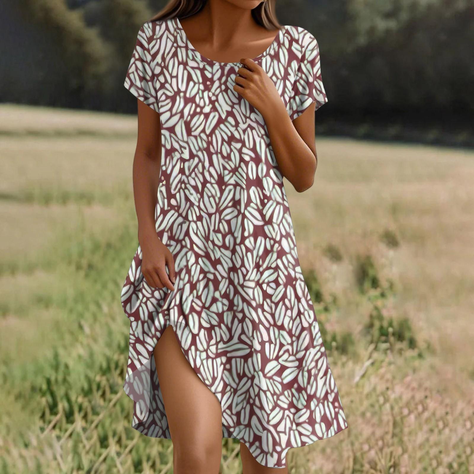 

Short Sleeve Boho Dress For Women Casual Loose Fit Summer Sundress Floral Print Dress With Pockets XL білий