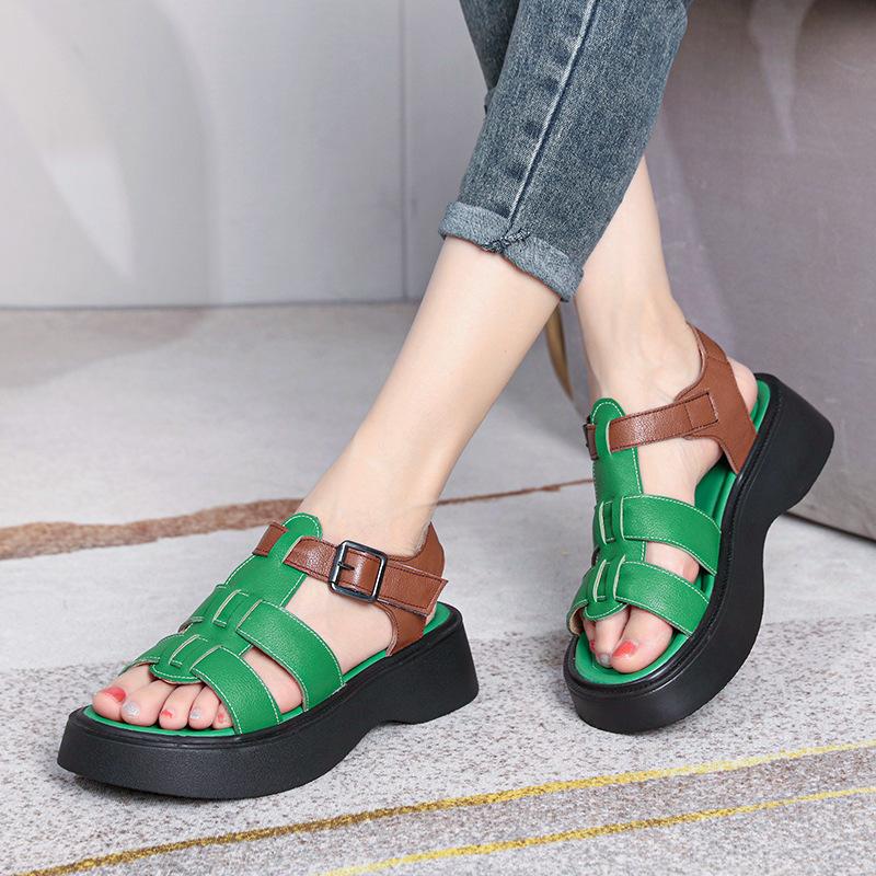 Fashion GKTINOO Summer Mixed Color Genuine Leather Sandals Roman Shoes Platform Wedges Woven Thick Soled Sandals Women Shoes Large Size