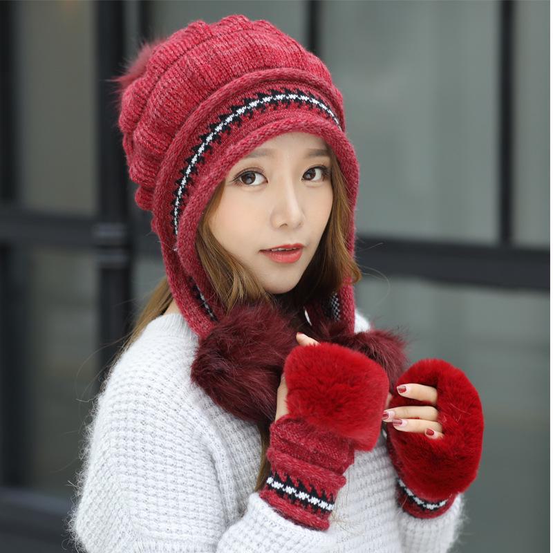 Women's Winter Velvet Rabbit Fur Knitted Wool Hat with Fur Ball and Earmuffs Beret.