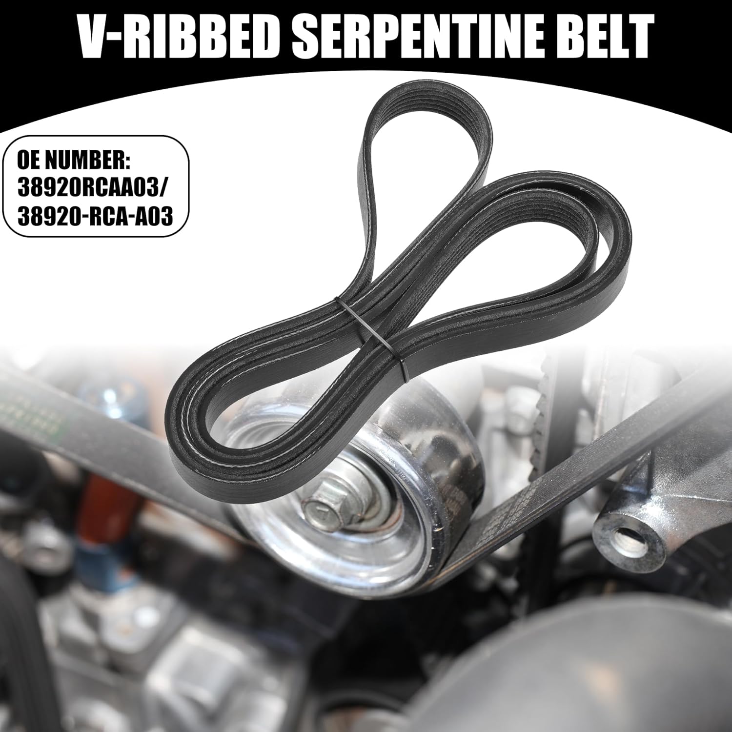 

V-Ribbed Serpentine Belt No.38920RCAA03 - Car Alternator Power Water Pump Belt - for Honda Accord EX, LX 3.0L V6 - Gas 2003-2006 Rubber Black - 1 Pc