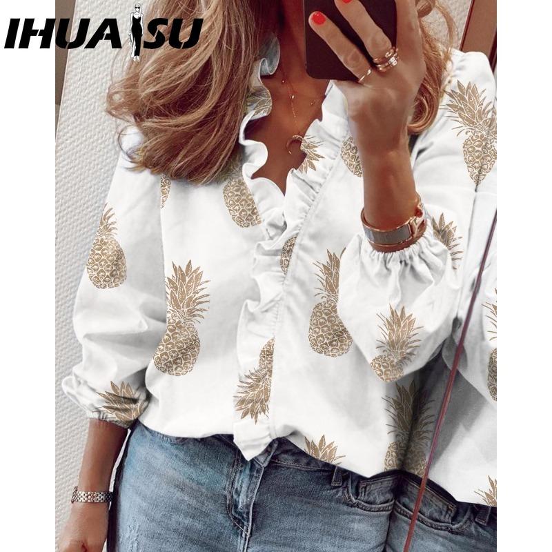 

IHUASU Женские модные повседневные блузки и рубашки с длинным рукавом и V-образным вырезом XXXXXL слоновая кость