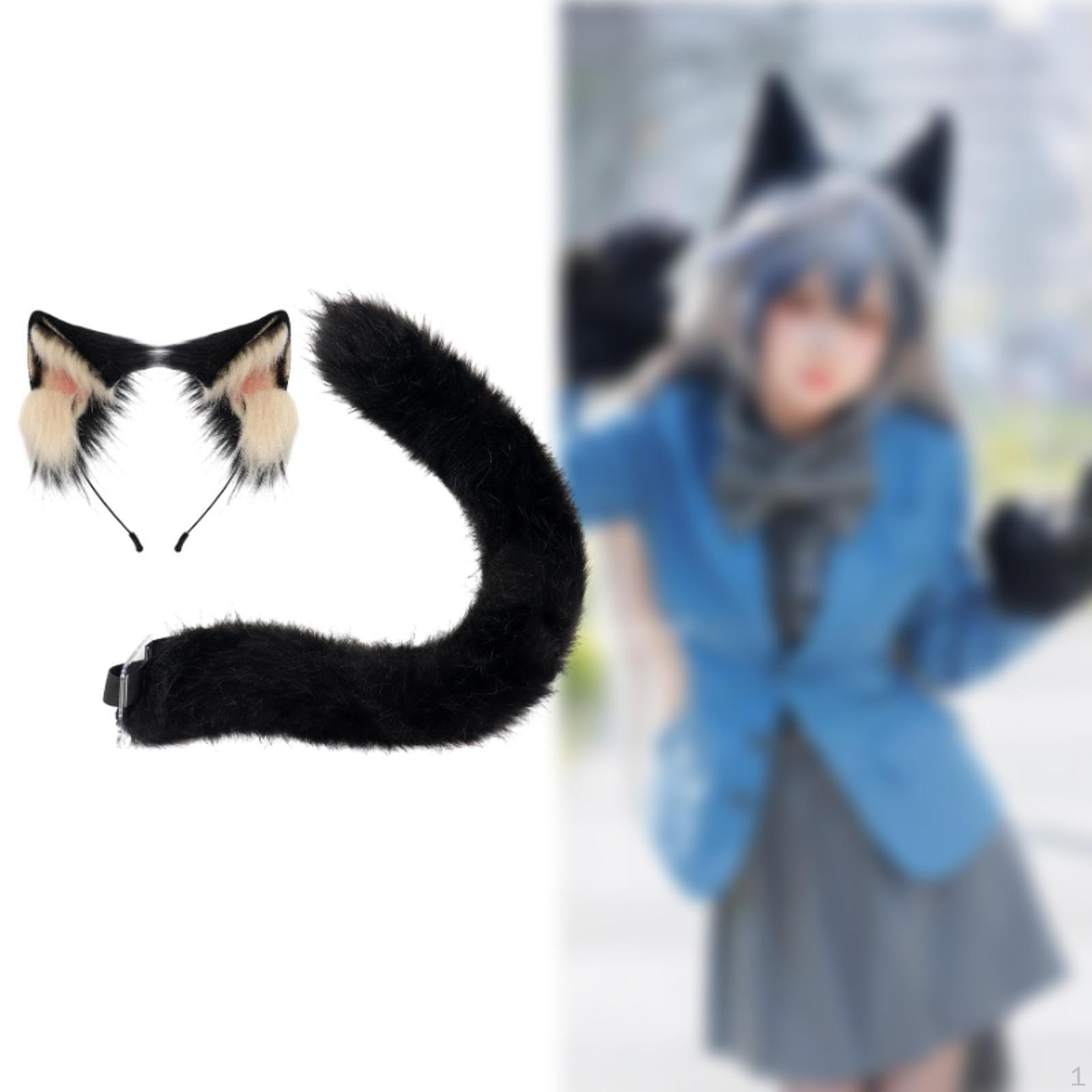 

Набор из ушек и хвоста животных, аксессуары для волос, плюшевая повязка на голову для вечеринок для женщин чёрный