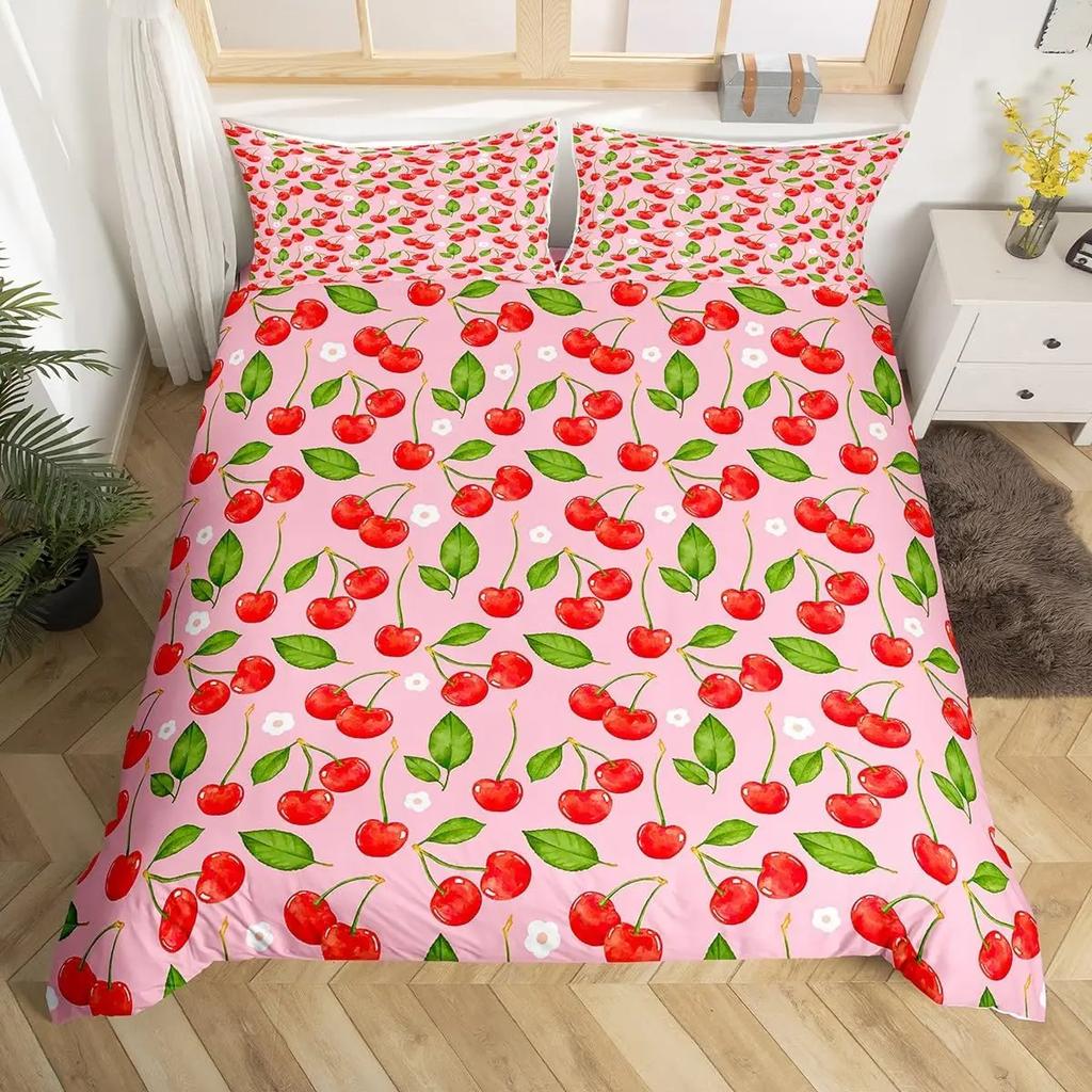 Strawberry Duvet Cover Set Queen King Size Girls Pink Quilt Cover Cartoon Fruit Bedding Set Girls Teenagers Suitable 3 Pcs