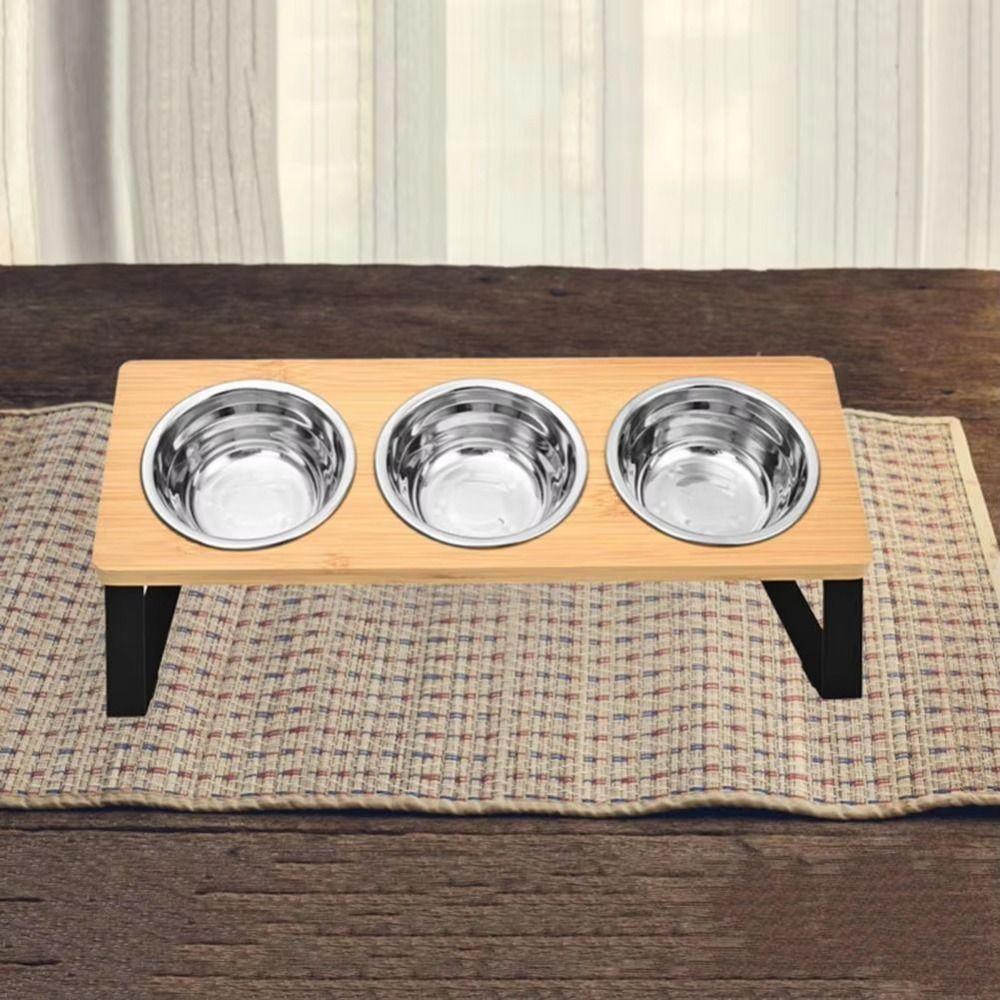Anti-Leak Pet Feeder Non Slip Wood Dog Water Feeding Dish Cat Bowl Stand  Small to Medium Cats