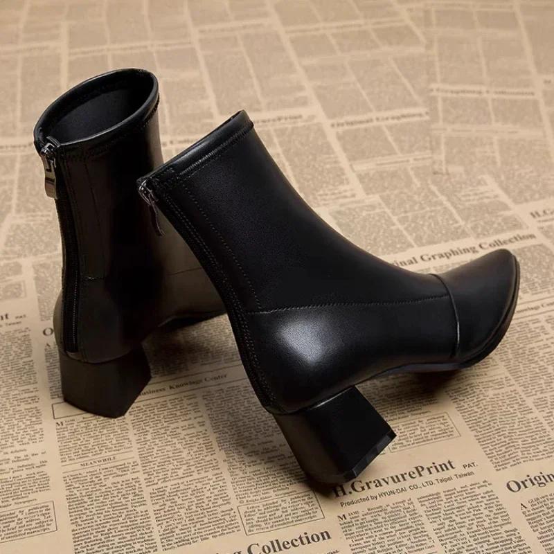 New Spring Sexy Chelsea Boots Pointed Tip Thick Heel Back Zipper Middle Follow Women Shoes Microfiber Leisure Comfortable Smooth