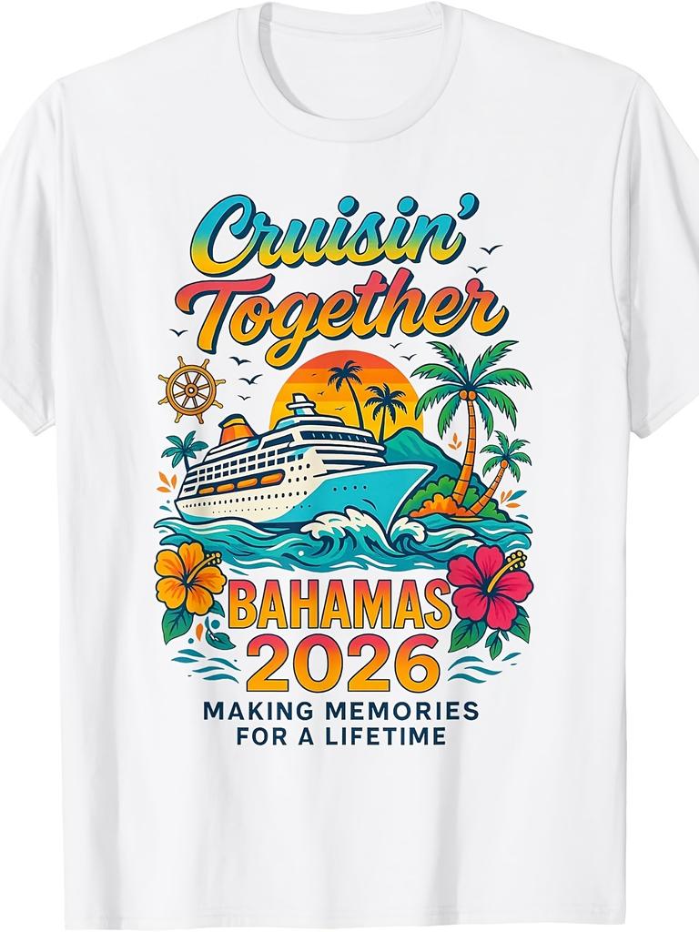 2026 Bahamas Cruise Vacation Souvenir T-Shirt - Retro Cruise Ship And Bahamas Map Glossy Print, Suit