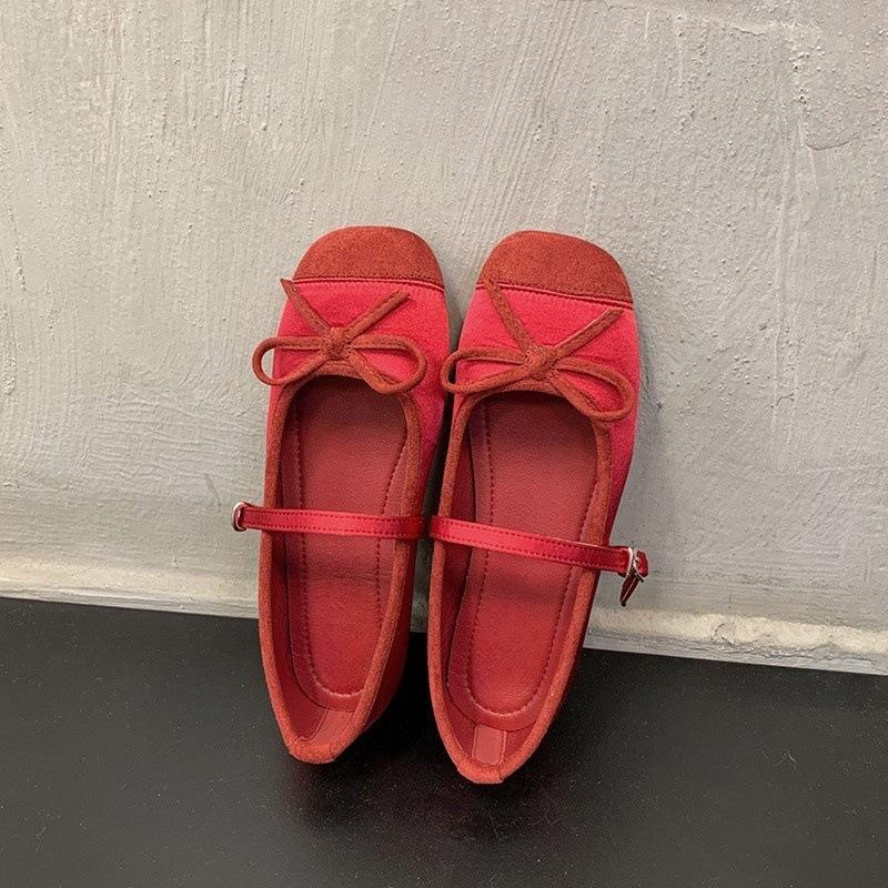 Bow splicing single shoes women's new one-button ballet flats