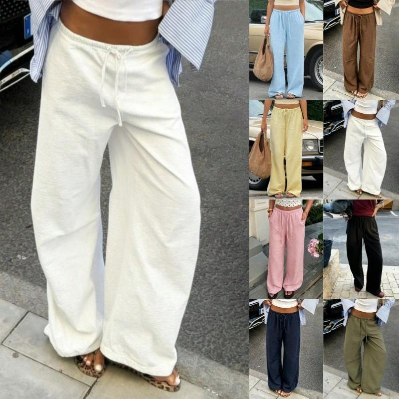 Women Casual Loose Wide Leg Elastic Waist Drawstring Summer Long Pants