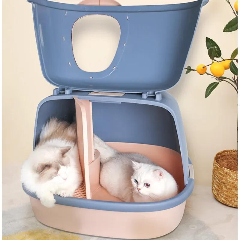 Large Corridor Cat Litter Box Spacious Toilet Anti-Splash Tray Fully Enclosed with Lift Cover Odor-Removing Sand Pedal Design