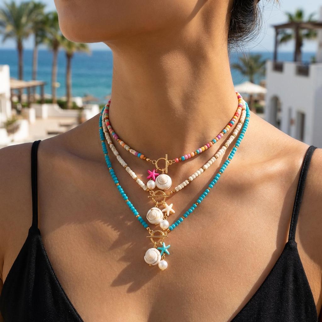 Bohemian Colorful Beaded Starfish OT Buckle Pendant Necklace for Women Imitation Pearl Conch Necklace Summer Party Jewelry