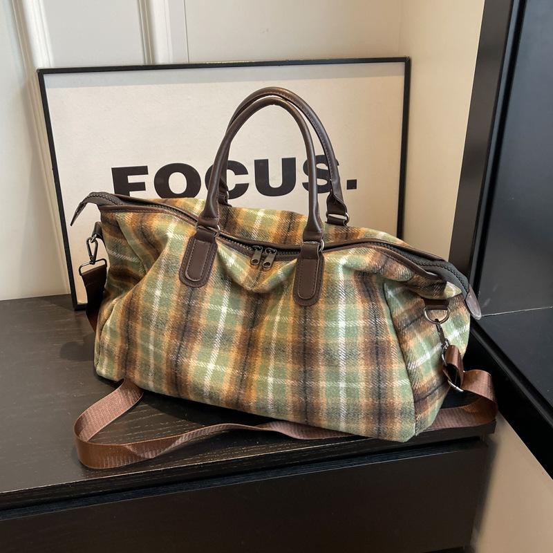 Handbag Large capacity women's oversized retro plaid messenger fitness bag, short business trip travel luggage bag