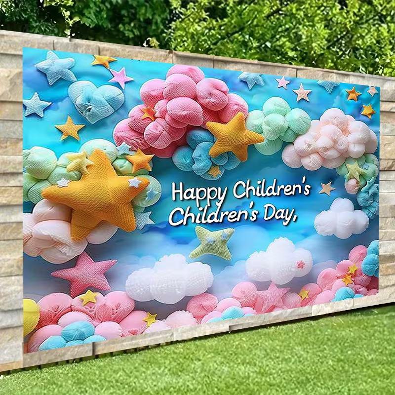 

2D Happy Children s Day Photography Backdrop Knitted Cloud Star Background 47.2x31.5inch/120*80cm