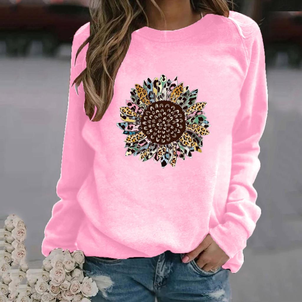 Women's Fashion Casual Print Round Neck Sweater Loose Sports Tops Pullover