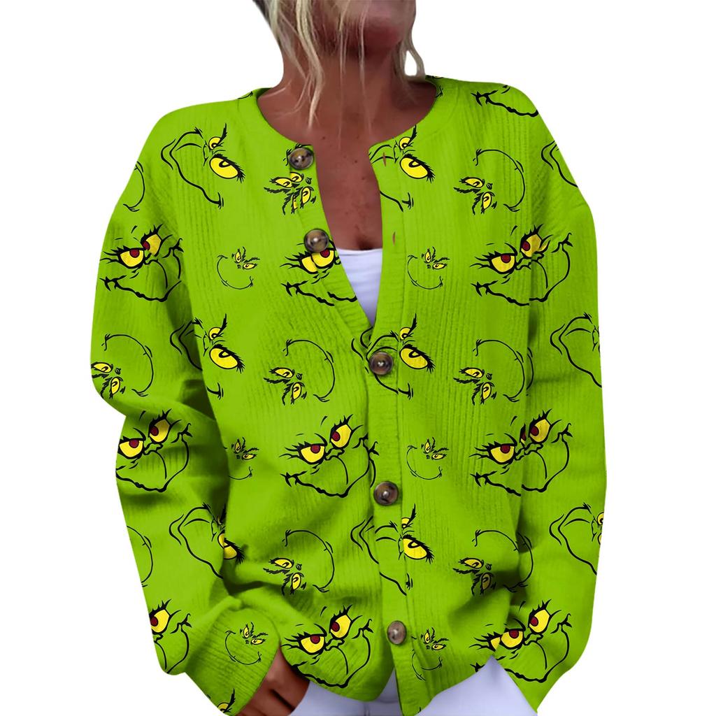 Women's Fashion Christmas Printed Long Sleeve Knitted Cardigan Button Down Jacket