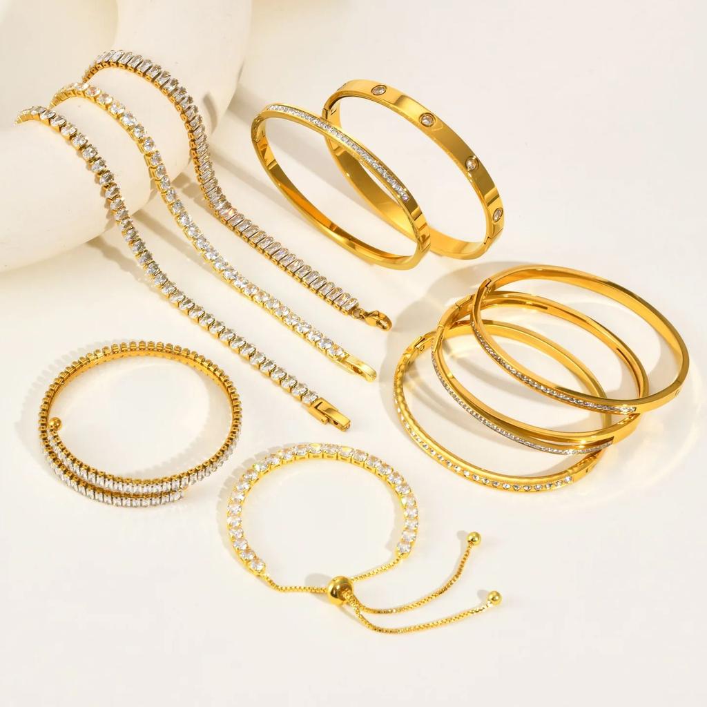 Luxury Shiny Cubic Zircon Stainless Steel Bracelet for Women, Waterproof Tennis Chain Openable Bangle, Fashion Elegant Jewelry