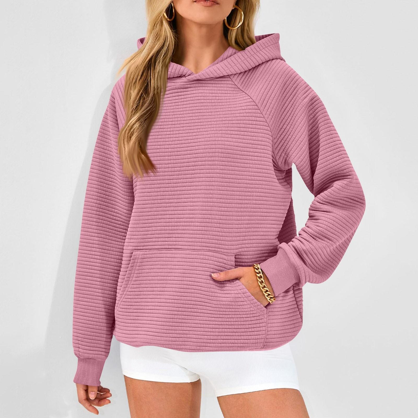 

Свитшоты с длинным рукавом для женщин, свободные повседневные однотонные туники с капюшоном, модные текстурные пуловеры, топы на осень с карманом M розовый