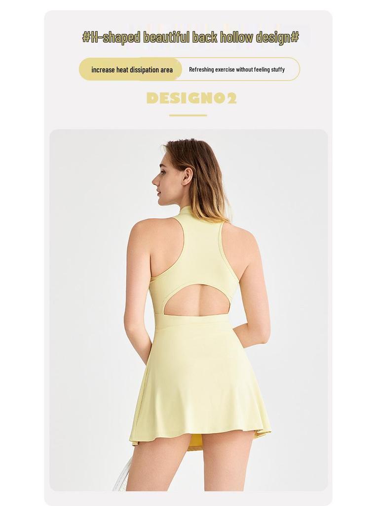 Women's Breathable Polo Collar Sports Dress with Hollow-out Back & Waist-cinching Tennis Skirt