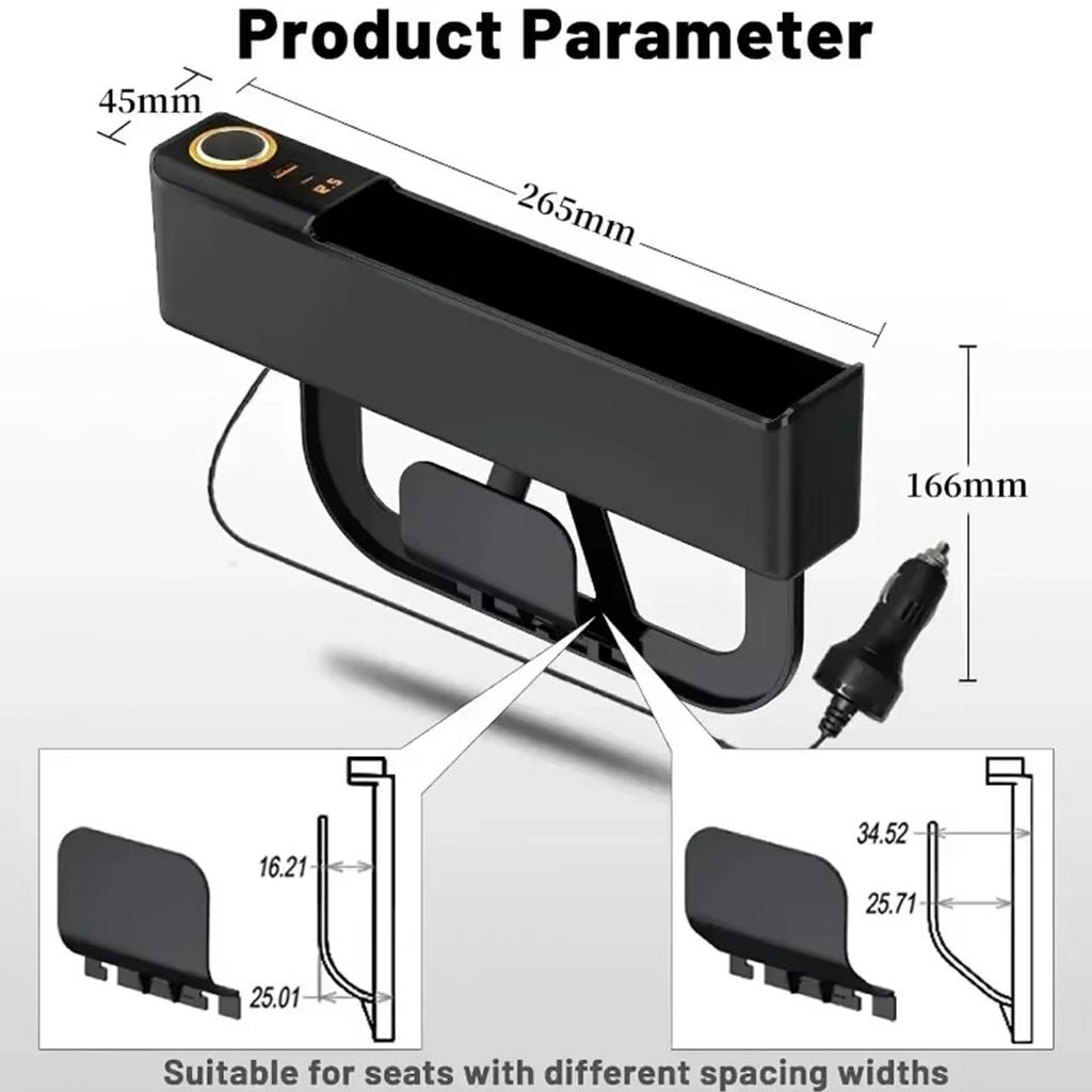 Car Seat Gap Filler Organizer with USB-A + USB-C Fast Charging Ports Multifunctional Storage Box
