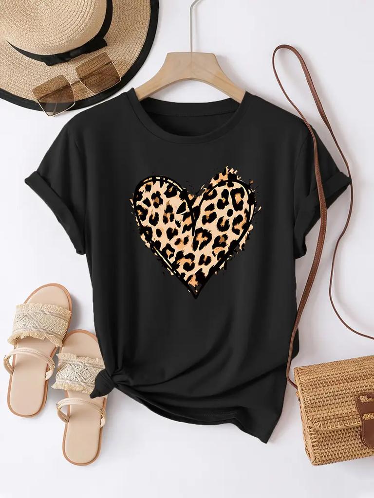 Summer Top Tee Leopard Print Heart Graphic  Lover Tshirt Graphic T Shirts Unisexs Clothing Fashion Tshirt