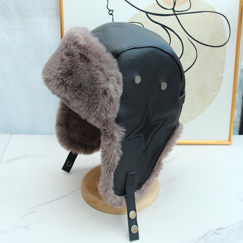 Men's and women's winter leather thickened plush warm cycling Lei Feng hat ear protection hat Northeast outdoor windproof pilot hat