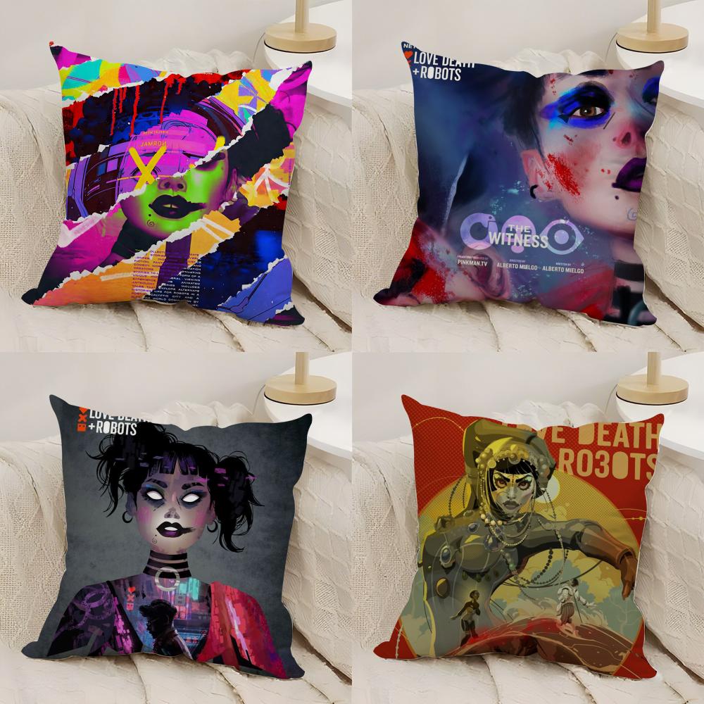 Love D-Death Robots Cushion Cover Silky Short Plush Double-Sided Printed Pillow Case for Sofa All Seasons Home Decor Gift