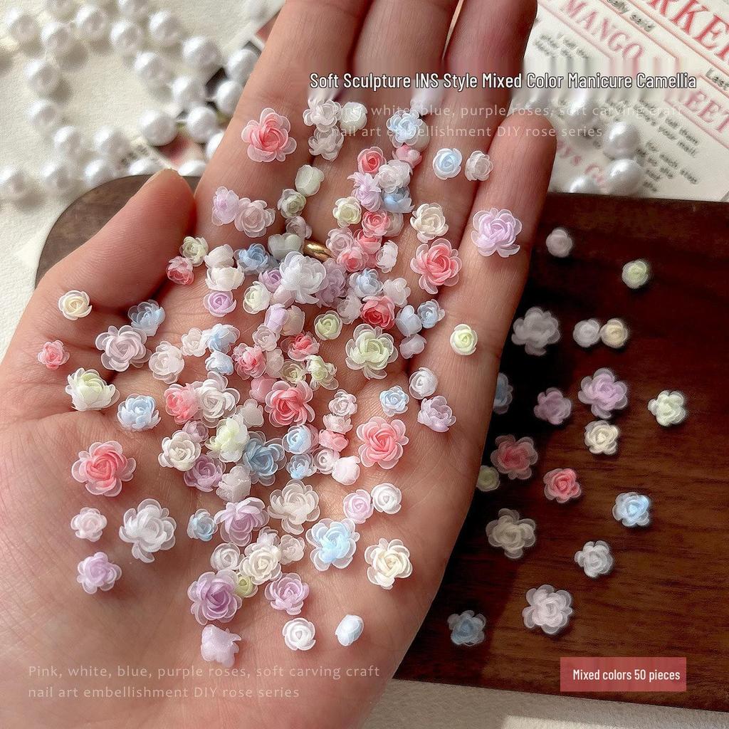 3D Camellia Rose Nail Art Decorations - Pink, White, Purple, Blue Resin Flowers