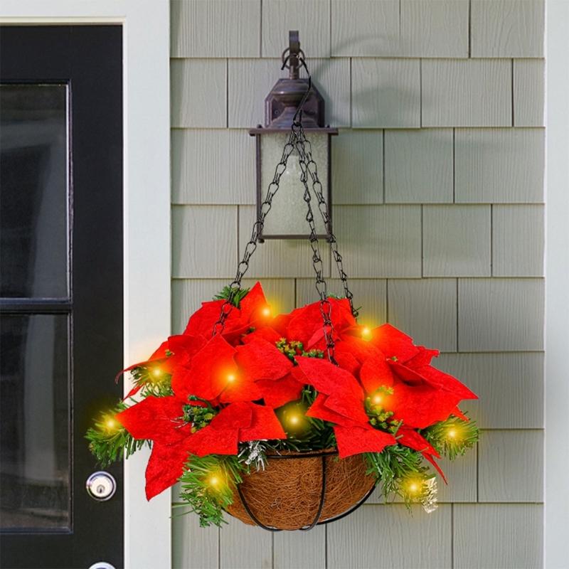 Artificial Poinsettia Floral Red Flowers Hanging Basket with LED Lights Christmas Hanging Basket Create Warm Atmosphere