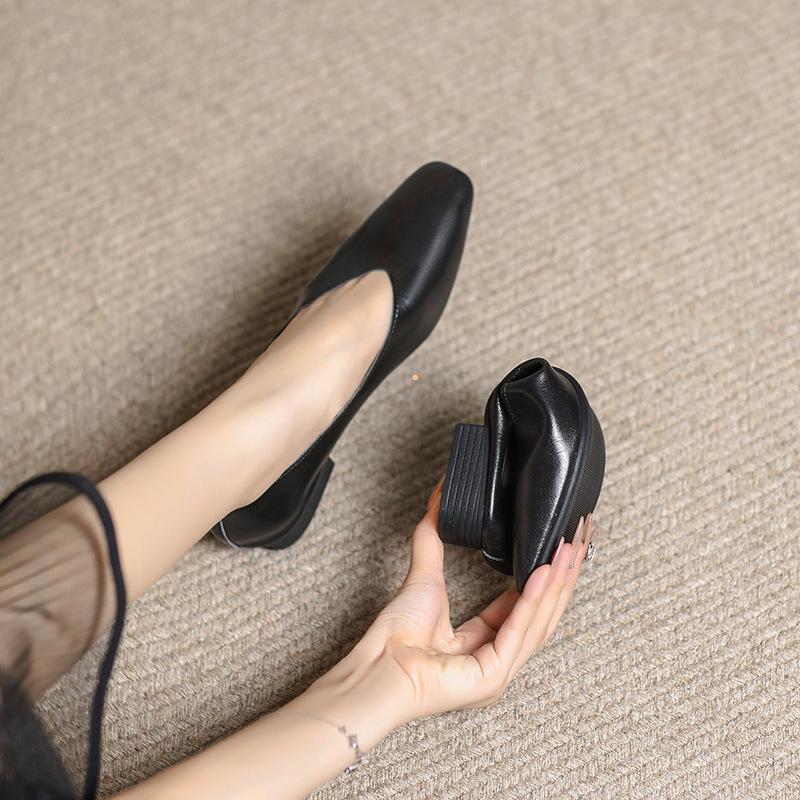 Fashion Womens Shoes Genuine Leather Soft Leather Thick Heel Single Shoes Womens Spring Low Heel Soft Sole Doudou Shoes Large Size 34-44