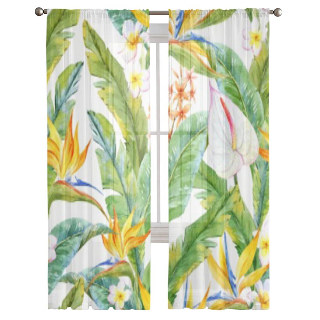 Cortinas transparentes de tule com flores de plumeria aquarela para sala de estar, quarto, cozinha, decoração, cortinas de organza de voile
