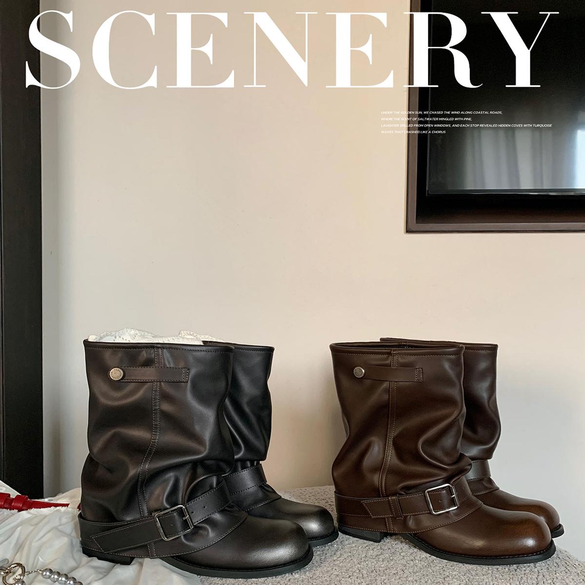 

Spot version 2025 autumn and winter new fashionable wasteland wind pleated buckle belt versatile comfortable western short boots women s autumn 40 черный серый