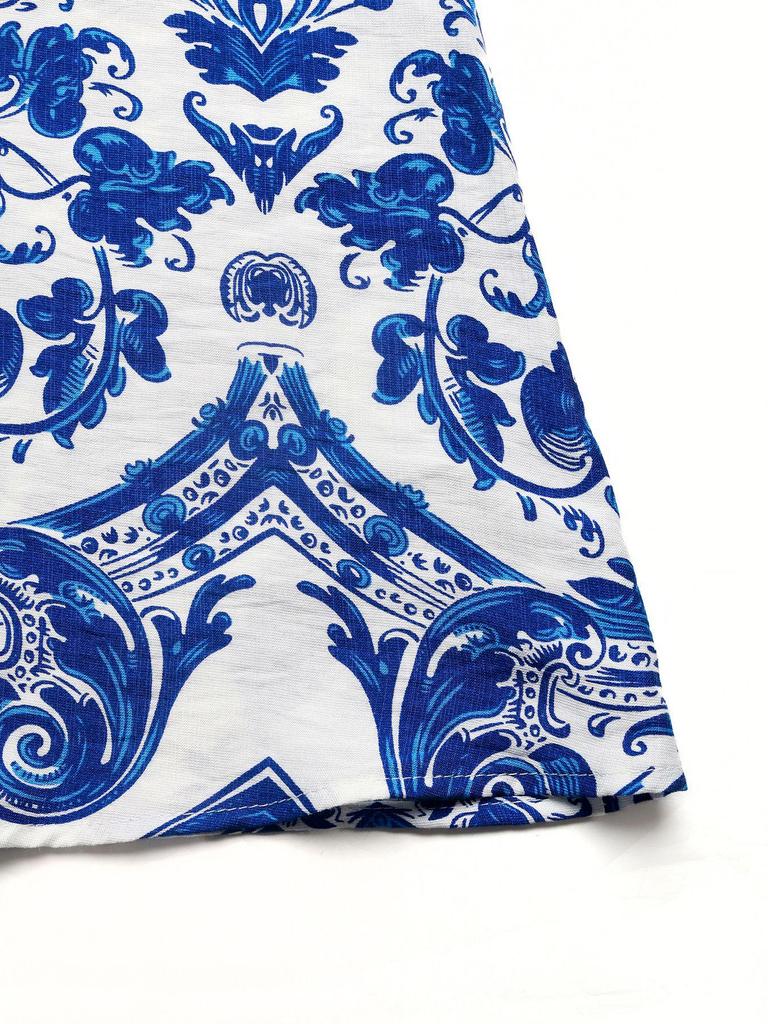 Summer Retro Style Blue & White Porcelain Print Halter Backless Split Dress