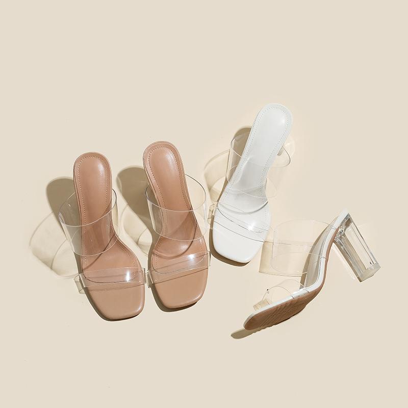 

Leather high-heeled slippers women s new summer Korean version crystal heel medium heel thick heel transparent cool slippers 33