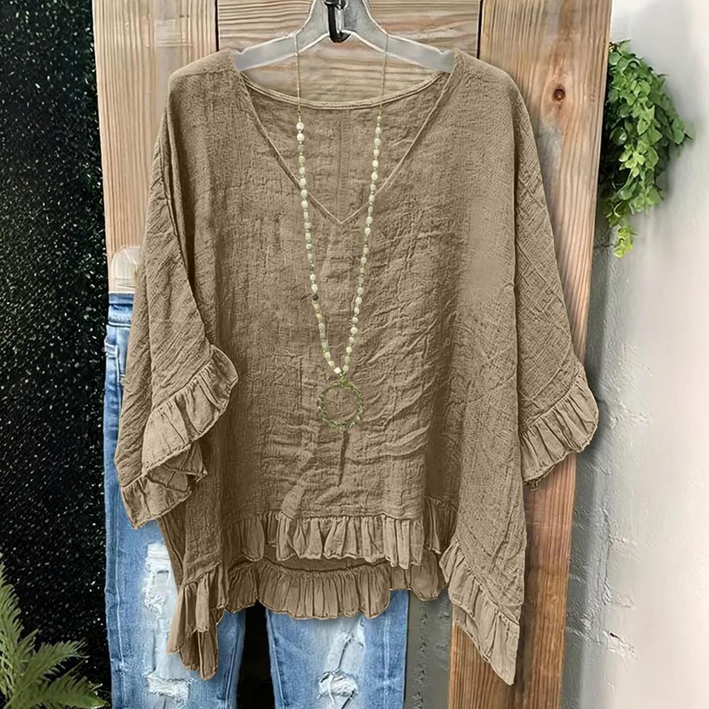 Blouse Casual pour Femme Coupe Ample à Volants, Col en V, Manches Courtes, Haut Léger au Style Détendu pour un Usage Quotidien