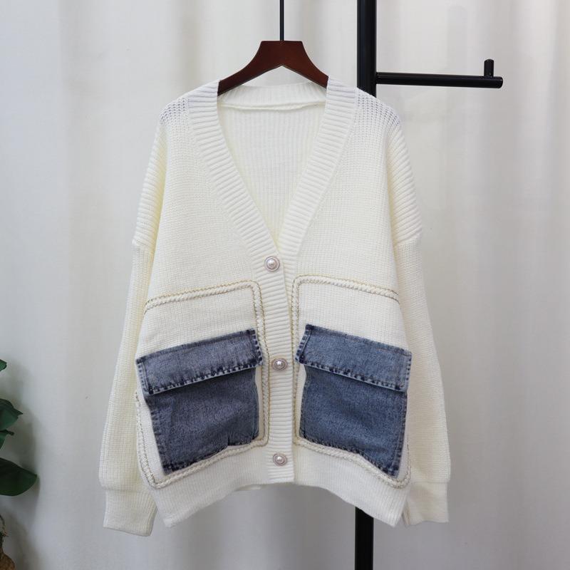 Autumn and winter new denim pocket knitted cardigan loose design temperament versatile sweater jacket women