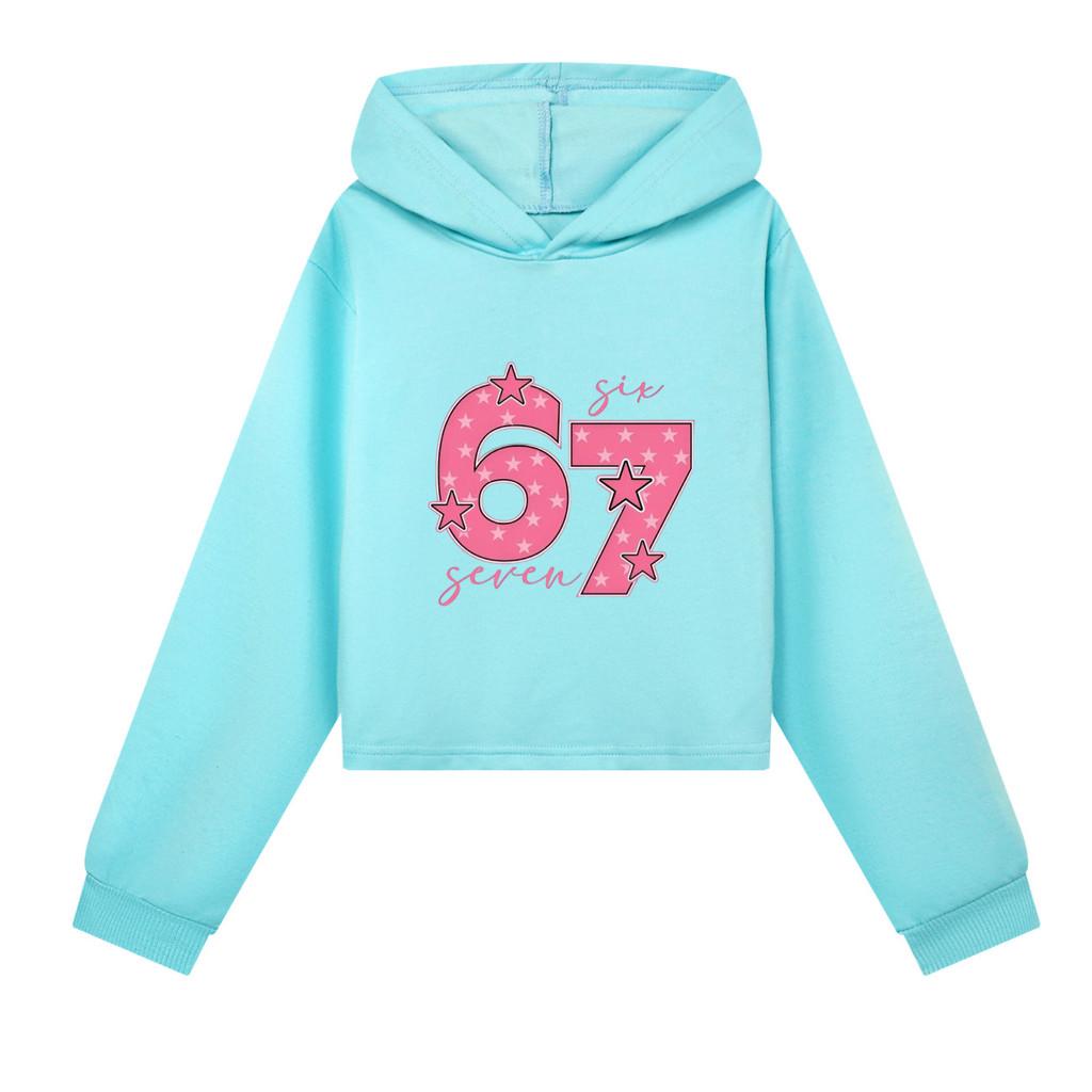 5291 Barnflickor Steal a Brainrot 67 Mönstrade Casual Långärmade Korta Hoodies