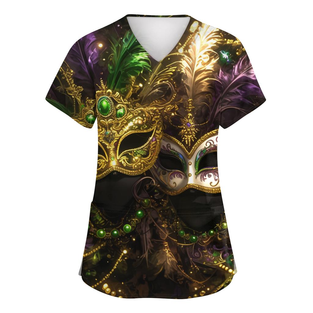 Women's Fashion Short-Sleeve Carnival Print V-Neck Pocket Workwear Top