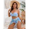 Plus Size Three Piece Bikini Set Tie Dye Swimsuit With Mesh Skirt