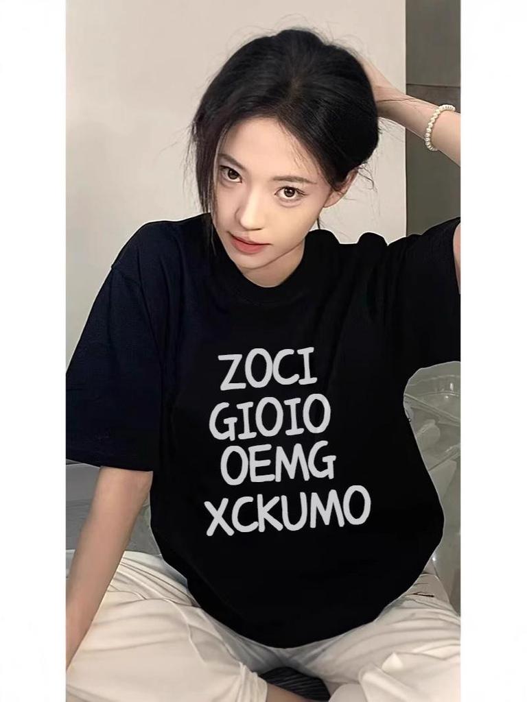 2025 Trendy Women's Pure Cotton Short Sleeve T-Shirt: European & American Style, Loose Straight-Shoulder Design
