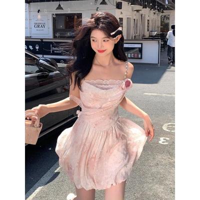 Elegant Sleeveless Strap Mini Dress Women Beach Style Lace Dress Even Party 2024 Summer Vintage One Piece Dress Korean Fashion