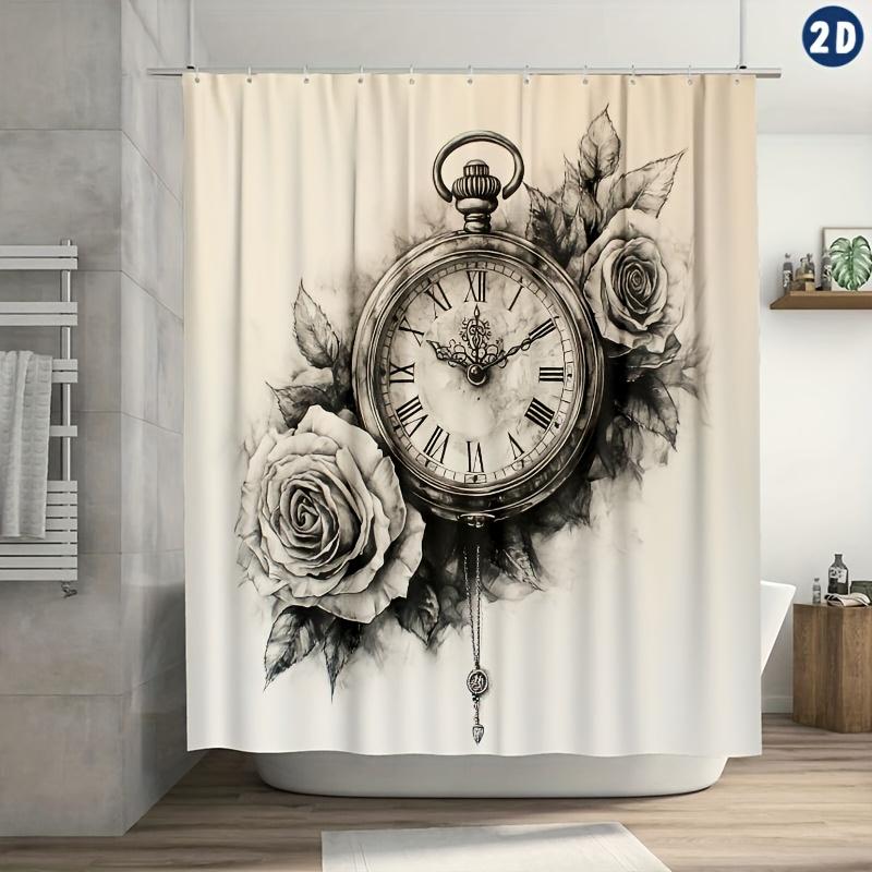 Pocket Watch & Roses Shower Curtain – Vintage Design, Durable Polyester with Hooks, for Bathrooms