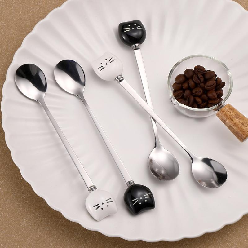 Cartoon Ceramic Spoon Ceramic Black And White Cat Spoon Ice Cream Spoon Stainless Steel Coffee Spoon
