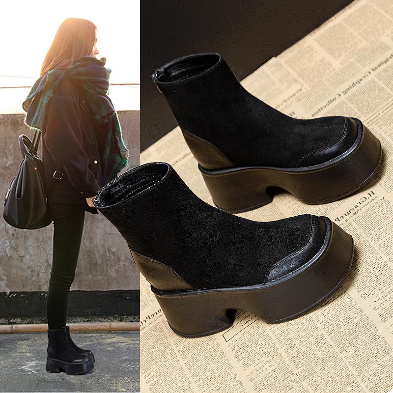 Martin boots women's 2025 new thick heel thin short boots women's thick sole inner height increased by 12 cm super high heel leather boots women