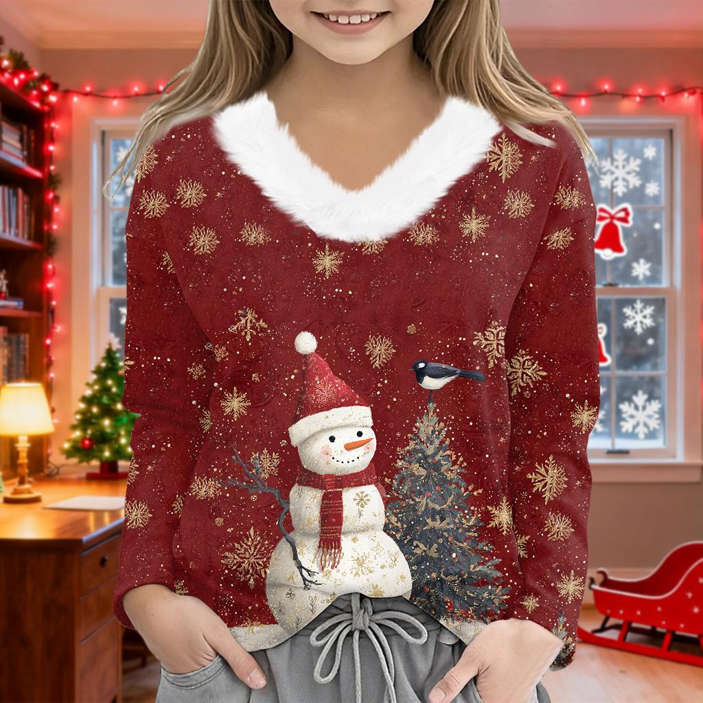 Christmas Day Girls Long Sleeve T Shirts Kids  Girls' V-Neck Tee Christmas Print Long Sleeve Top