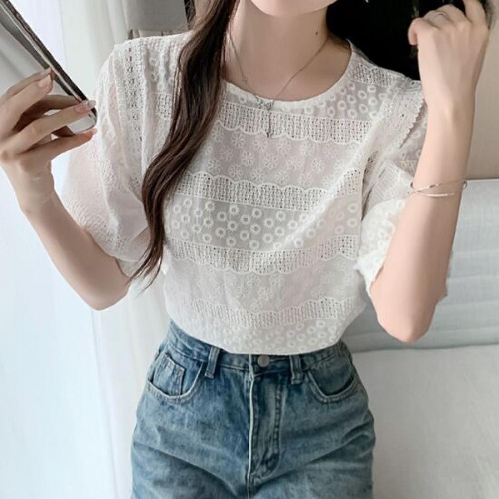 Navava Women Lovely Embroidery Lace Round Neck Long Sleeve Blouse Nb3099