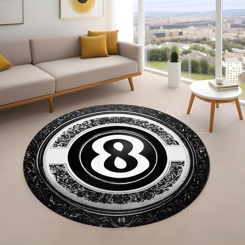 Round Rug Billiard Design Rug Sports Rug Entertainment Rug Fun Rug Personalized Rug Game Room Decor Home Accessories