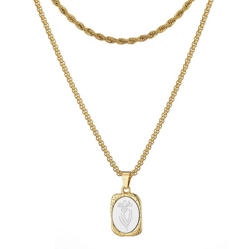 Vintage Floral Titanium Steel Necklace With Engraved French Mirror Square Pendant Layered Locket Chain Women
